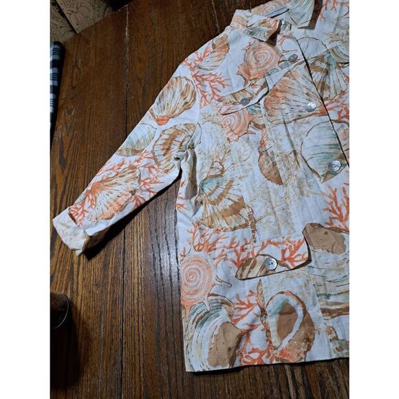 Size 14 Alfred Dunner Cotton Button Seashell Blouse Shirt Top Tan Peach Teal - Picture 3 of 6